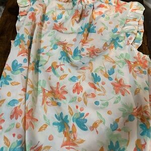 Red Dress Boutique Floral Ruffle Cap-Sleeve Top in White, Coral & Teal